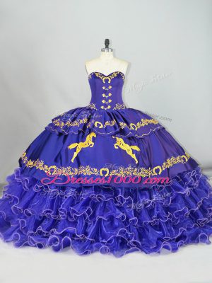 Purple Ball Gowns Embroidery and Ruffled Layers Quinceanera Dress Lace Up Organza Sleeveless