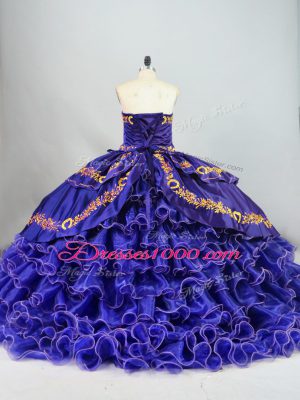 Purple Ball Gowns Embroidery and Ruffled Layers Quinceanera Dress Lace Up Organza Sleeveless