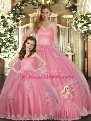 Dramatic Watermelon Red Sleeveless Floor Length Appliques Lace Up Quinceanera Dresses