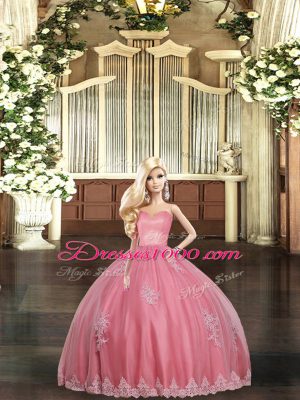 Dramatic Watermelon Red Sleeveless Floor Length Appliques Lace Up Quinceanera Dresses