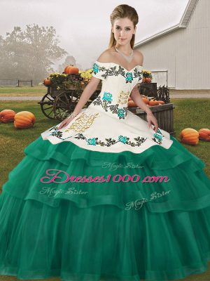 Inexpensive Tulle Sleeveless Ball Gown Prom Dress Brush Train and Embroidery and Ruffled Layers