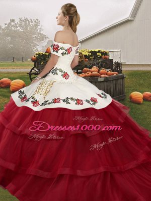 Inexpensive Tulle Sleeveless Ball Gown Prom Dress Brush Train and Embroidery and Ruffled Layers