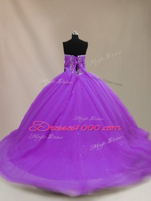 Sleeveless Court Train Beading Lace Up Ball Gown Prom Dress