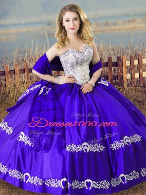 Flare Blue Satin Lace Up Quinceanera Gown Sleeveless Floor Length Beading and Embroidery