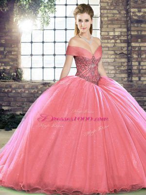 Fashionable Watermelon Red Organza Lace Up Off The Shoulder Sleeveless 15th Birthday Dress Brush Train Beading