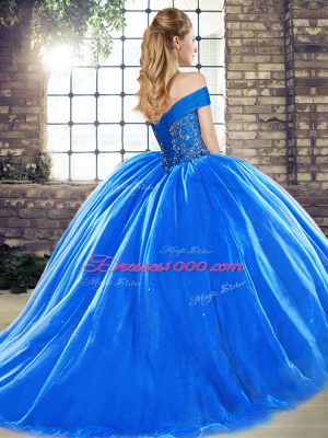 Fashionable Watermelon Red Organza Lace Up Off The Shoulder Sleeveless 15th Birthday Dress Brush Train Beading