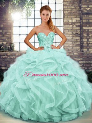 Custom Design Tulle Sweetheart Sleeveless Lace Up Beading and Ruffles 15th Birthday Dress in Apple Green
