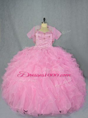 Glorious Baby Pink Ball Gowns Sweetheart Sleeveless Organza Floor Length Lace Up Beading and Ruffles Quinceanera Gowns