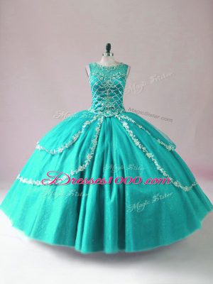Lovely Turquoise Tulle Zipper Scoop Sleeveless Floor Length Quinceanera Gowns Beading