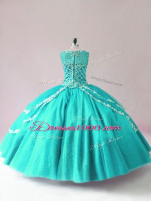 Lovely Turquoise Tulle Zipper Scoop Sleeveless Floor Length Quinceanera Gowns Beading