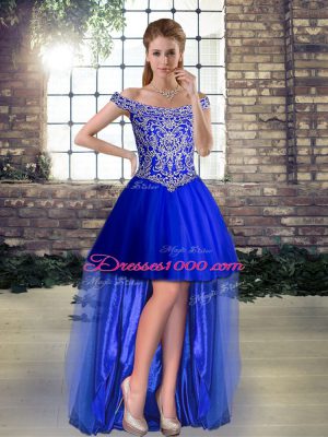 Suitable Royal Blue A-line Tulle Off The Shoulder Sleeveless Beading High Low Lace Up Custom Made Pageant Dress