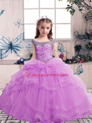 Stylish Lilac Sleeveless Tulle Lace Up Little Girl Pageant Dress for Party and Military Ball and Wedding Party