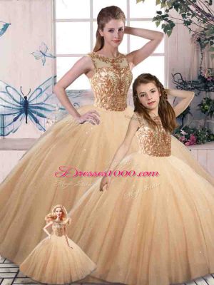 Gold Tulle Lace Up Scoop Sleeveless Floor Length Quinceanera Gown Beading