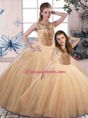 Gold Tulle Lace Up Scoop Sleeveless Floor Length Quinceanera Gown Beading