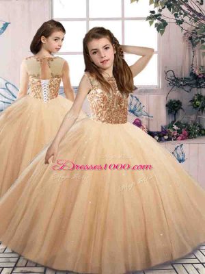 Gold Tulle Lace Up Scoop Sleeveless Floor Length Quinceanera Gown Beading