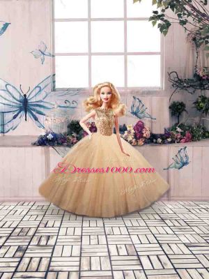 Gold Tulle Lace Up Scoop Sleeveless Floor Length Quinceanera Gown Beading