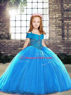 Lace Up Little Girls Pageant Dress Wholesale Baby Blue for Party and Sweet 16 and Wedding Party with Beading Brush Train