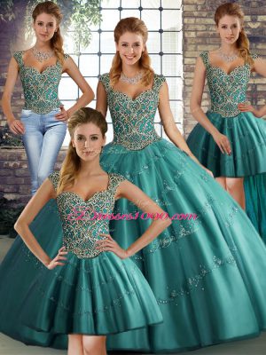 Teal Straps Lace Up Beading and Appliques Sweet 16 Quinceanera Dress Sleeveless