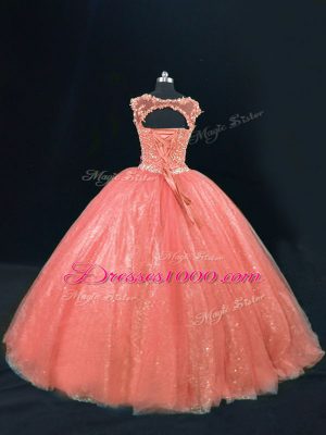 Beauteous Orange Sleeveless Tulle Lace Up Vestidos de Quinceanera for Sweet 16 and Quinceanera