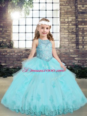 Hot Selling Aqua Blue Tulle Lace Up Scoop Sleeveless Floor Length Kids Pageant Dress Beading and Lace and Appliques