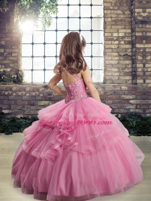 Hot Selling Aqua Blue Tulle Lace Up Scoop Sleeveless Floor Length Kids Pageant Dress Beading and Lace and Appliques