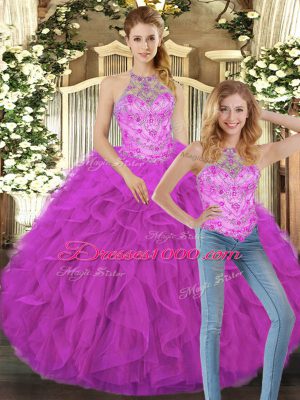 Beautiful Sleeveless Tulle Floor Length Lace Up Quinceanera Dress in Fuchsia with Beading and Ruffles