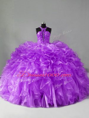 Ideal Purple Organza Zipper Quinceanera Gowns Sleeveless Brush Train Beading and Ruffles