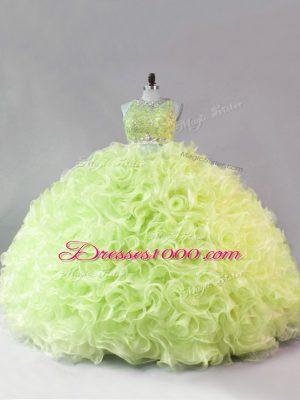 Wonderful Scoop Sleeveless Zipper Quinceanera Gown Yellow Green Fabric With Rolling Flowers