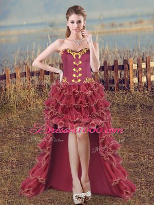 Burgundy Organza Lace Up Sweetheart Sleeveless High Low Pageant Dress for Womens Embroidery and Ruffles