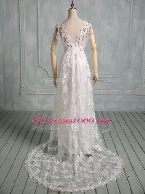 Empire Cap Sleeves White Wedding Gowns Brush Train Side Zipper