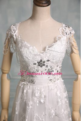 Empire Cap Sleeves White Wedding Gowns Brush Train Side Zipper
