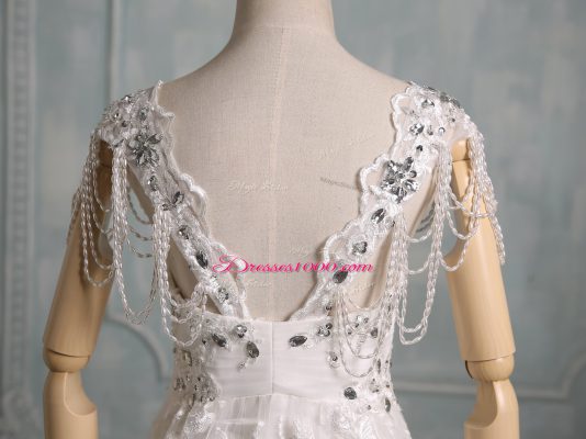 Empire Cap Sleeves White Wedding Gowns Brush Train Side Zipper