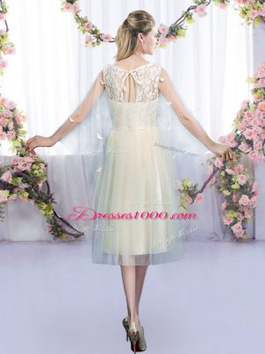 Champagne Scoop Lace Up Lace and Belt Vestidos de Damas Sleeveless