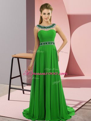 Green Chiffon Zipper Dress for Prom Sleeveless Brush Train Beading