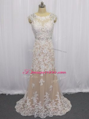 Champagne Cap Sleeves Brush Train Beading and Appliques Prom Evening Gown