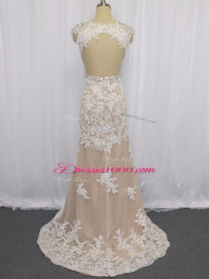 Champagne Cap Sleeves Brush Train Beading and Appliques Prom Evening Gown
