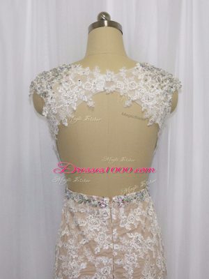 Champagne Cap Sleeves Brush Train Beading and Appliques Prom Evening Gown