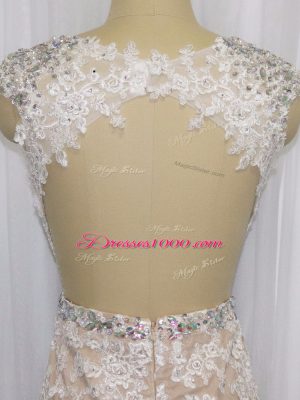 Champagne Cap Sleeves Brush Train Beading and Appliques Prom Evening Gown