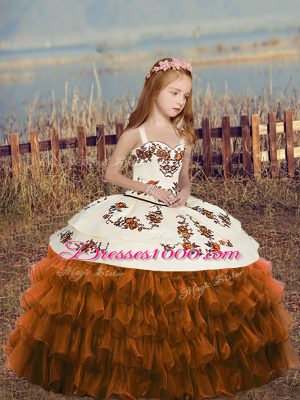 High End Brown Sleeveless Ruffled Layers Floor Length Little Girl Pageant Dress