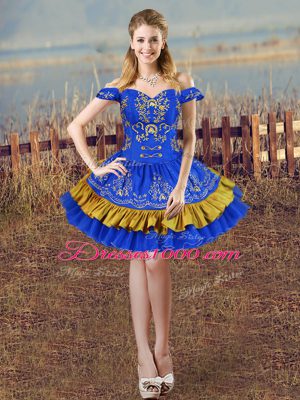 Glittering Royal Blue Off The Shoulder Neckline Embroidery Pageant Dress for Girls Sleeveless Lace Up