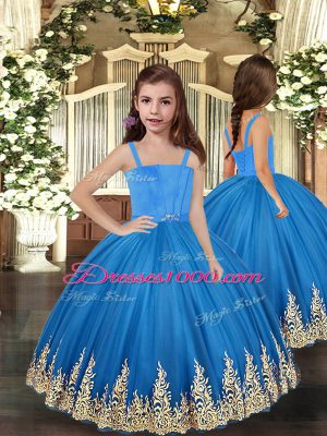 Baby Blue Sleeveless Floor Length Embroidery Lace Up Little Girl Pageant Gowns