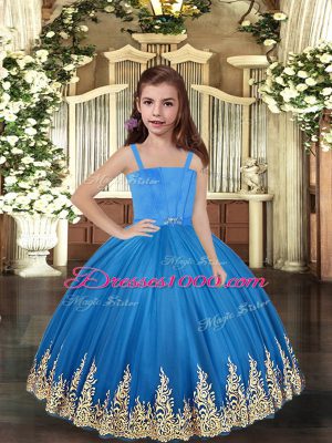 Baby Blue Sleeveless Floor Length Embroidery Lace Up Little Girl Pageant Gowns