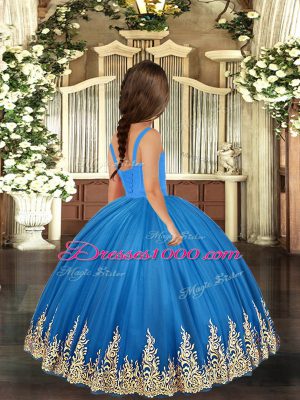 Baby Blue Sleeveless Floor Length Embroidery Lace Up Little Girl Pageant Gowns