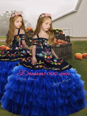 Royal Blue Ball Gowns Straps Sleeveless Organza Floor Length Lace Up Embroidery Glitz Pageant Dress