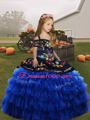 Royal Blue Ball Gowns Straps Sleeveless Organza Floor Length Lace Up Embroidery Glitz Pageant Dress