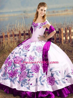 Floor Length Purple Quince Ball Gowns Off The Shoulder Sleeveless Lace Up