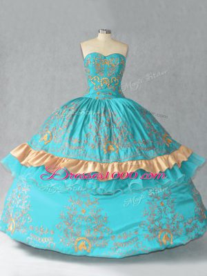 Aqua Blue Sleeveless Satin and Organza Lace Up 15 Quinceanera Dress for Sweet 16 and Quinceanera