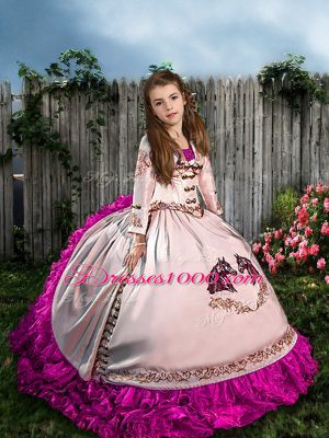 On Sale Sleeveless Satin and Organza Sweep Train Lace Up Pageant Gowns For Girls in White with Embroidery and Ruffles