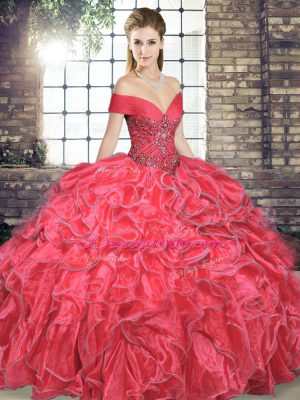 Organza Off The Shoulder Sleeveless Lace Up Beading and Ruffles Quinceanera Dress in Coral Red