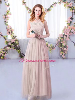 Sleeveless Tulle Floor Length Side Zipper Vestidos de Damas in Pink with Lace and Belt